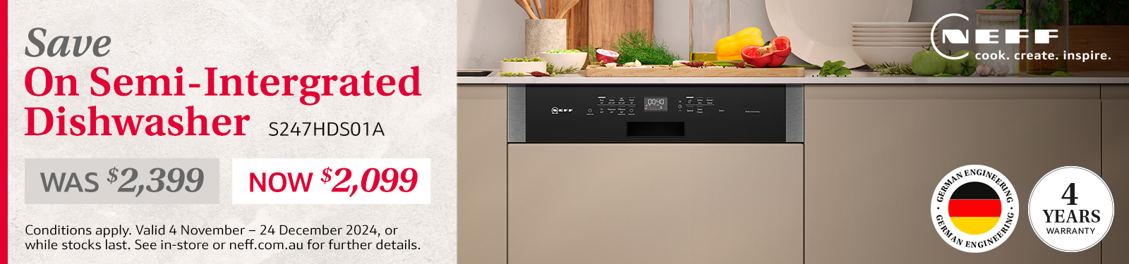 Save $300* On NEFF Semi Integrated Dishwasher