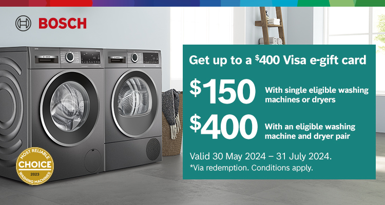 Bonus Visa e-Gift Card Up To $400 On Selected Bosch Laundry Appliances at Elite Appliances